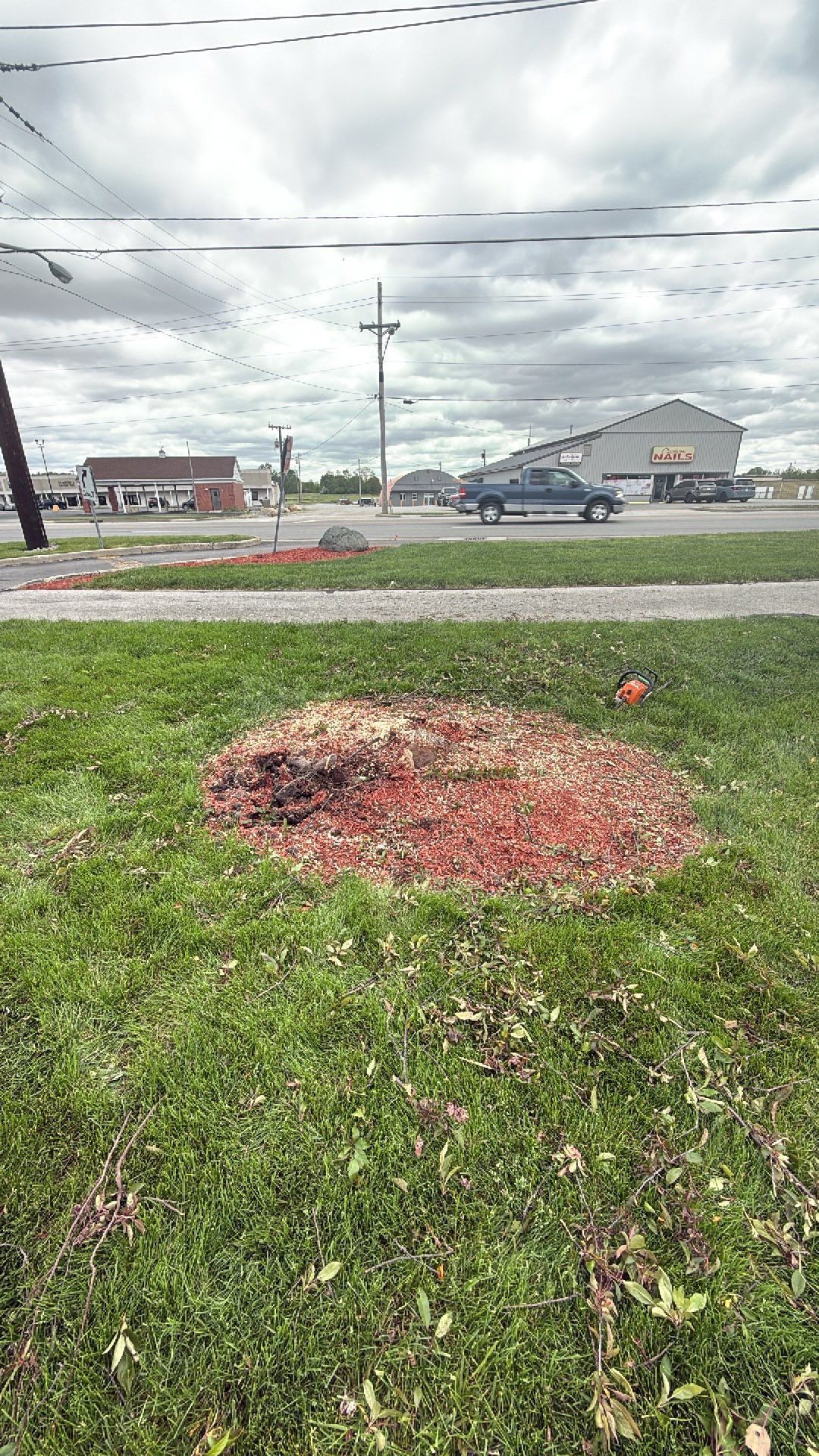 Bare patch of disturbed soil in a grassy lot near a roadside, with buildings and cloudy sky in the background