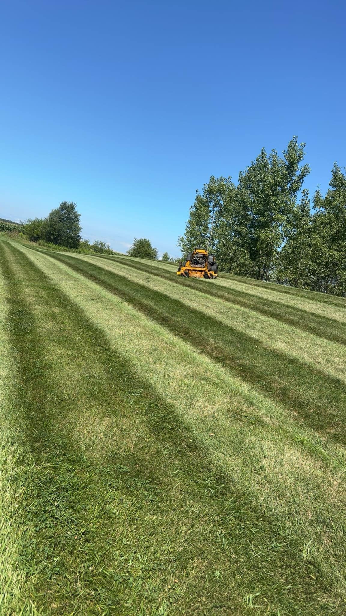 Freshly mowed green field with diagonal stripes and a small orange tractor near trees under a blue sky