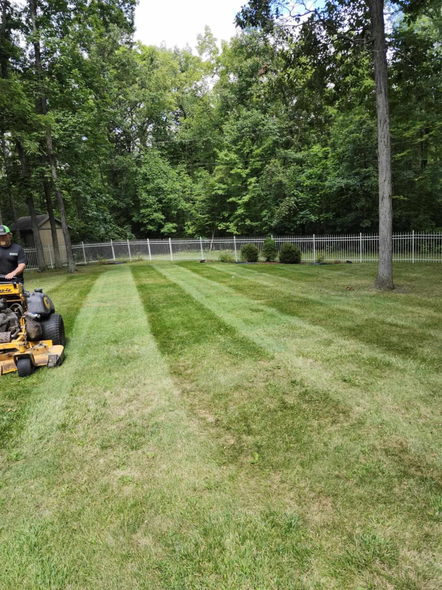 Freshly mowed grassy lawn with striped mowing lines, trees, and a lawn mower at left.