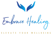 Blue hands logo above “Embrace Healing” with gold text “Elevate Your Wellbeing”