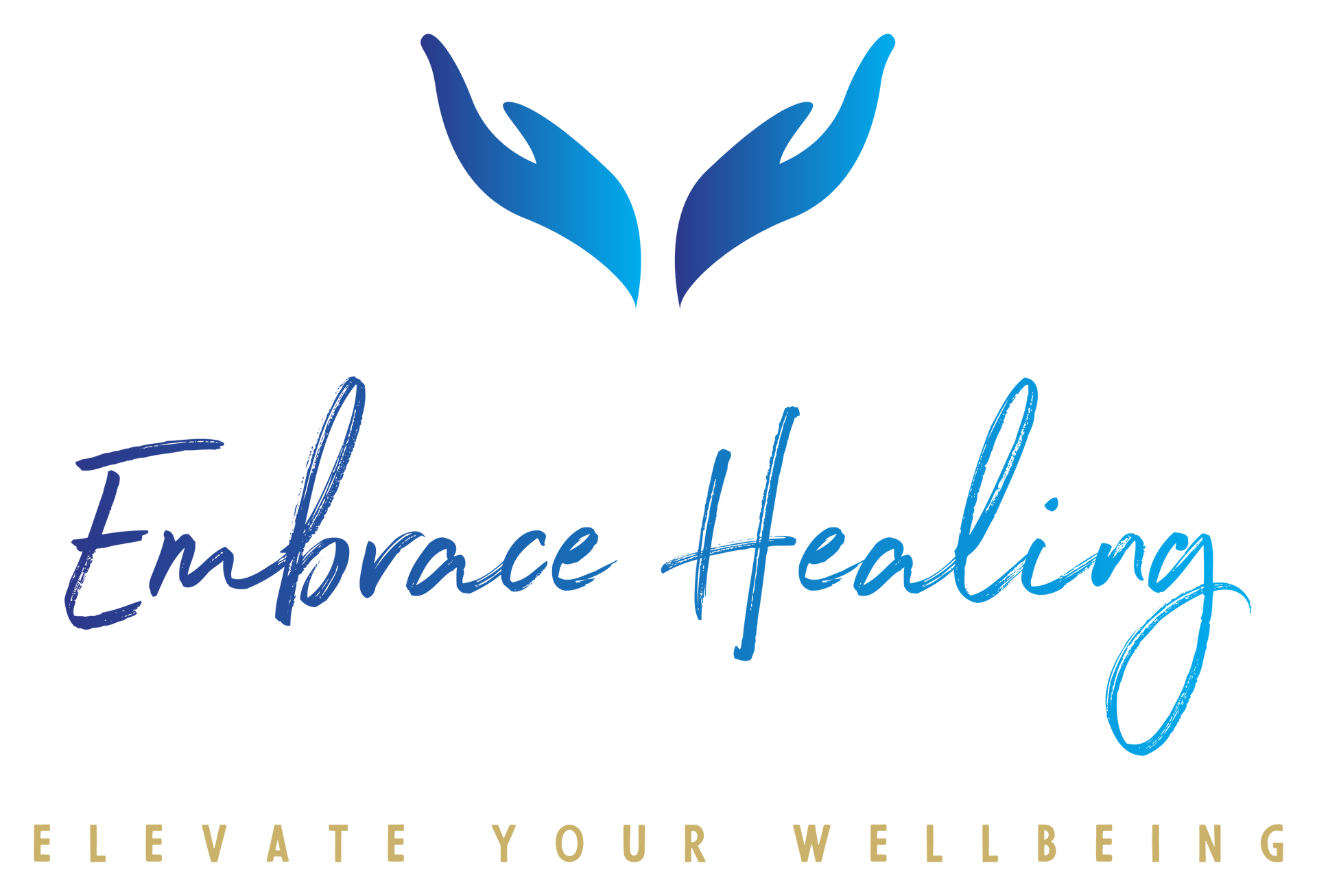 Blue hands logo above “Embrace Healing” with gold text “Elevate Your Wellbeing”