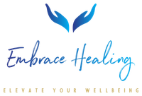 Blue hands logo above “Embrace Healing” with gold text “Elevate Your Wellbeing”