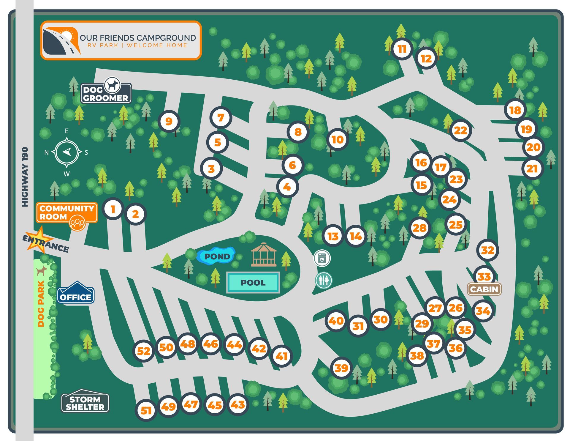 A map of a campground with lots of trees and roads