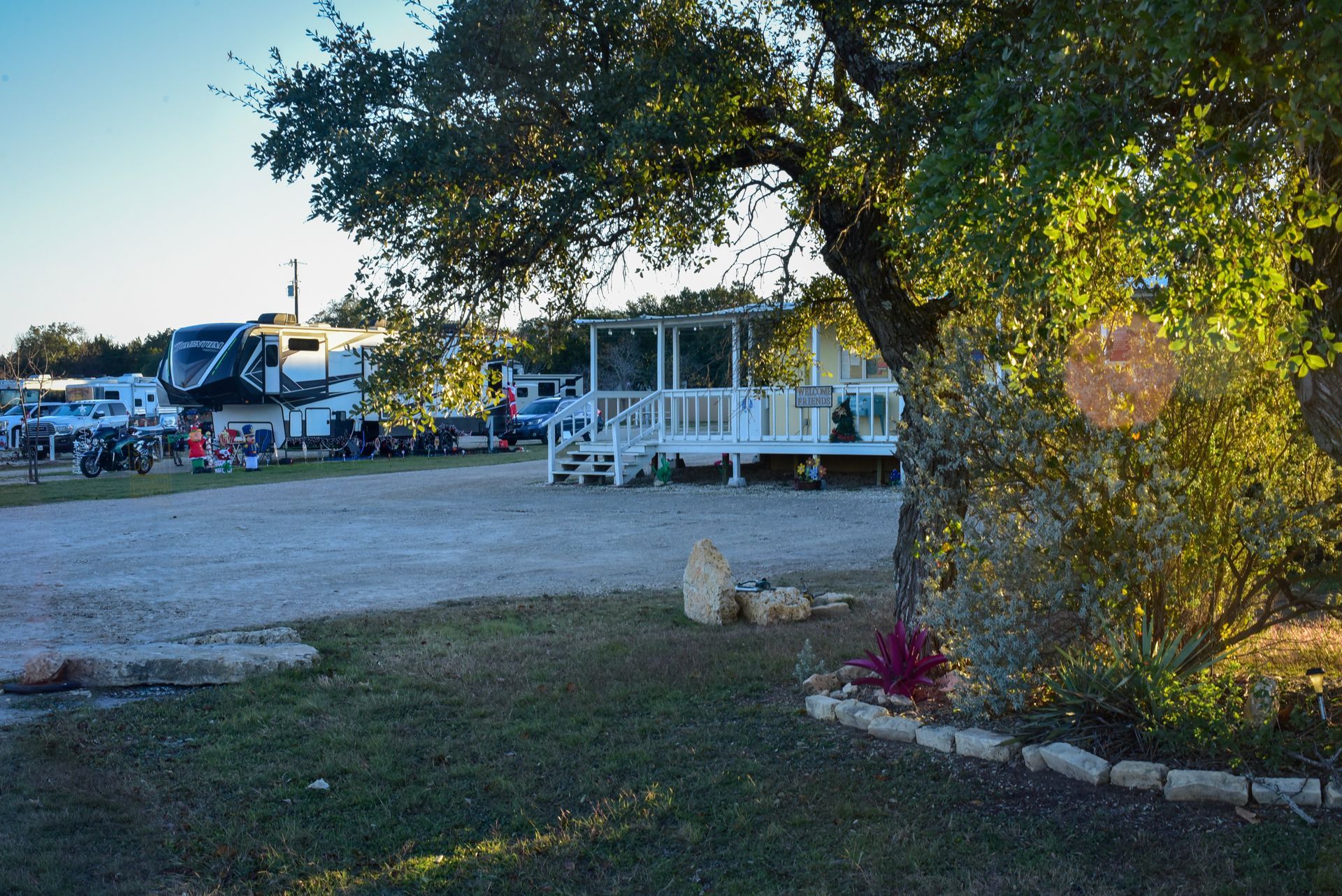 A rv park with a tree in the foreground and a house in the background.