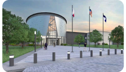 An artist 's impression of a large building with flags in front of it.