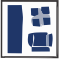 Blue-and-white logo with stylized building blocks on a white background