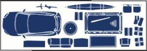 Blue top-down layout of car parts and accessories arranged on a white background