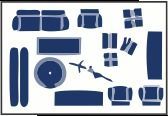 Blue furniture layout on a white background, with sofas, chairs, table, bed, and cabinets arranged like a floor plan