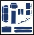 Blue icons of suitcases, bags, and a small airplane on a white background