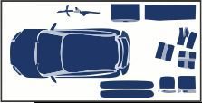 Overhead view of a blue car with assorted blue rectangular and small items arranged around it on white background