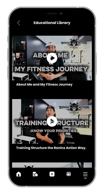 Fitness app home screen with two workout video thumbnails and a bottom navigation bar on a phone screen
