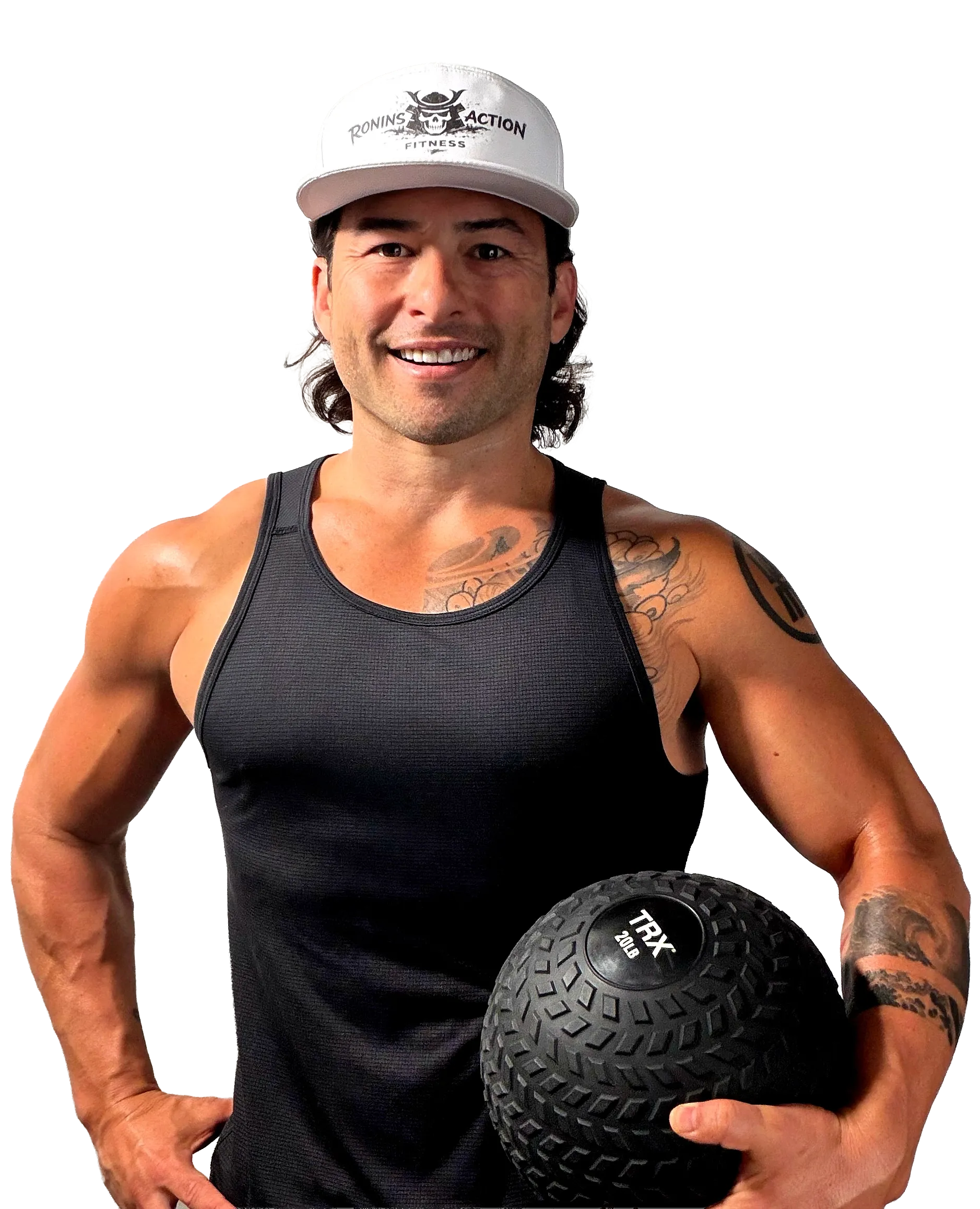 Man in black tank top and white cap holding a black medicine ball against a white background