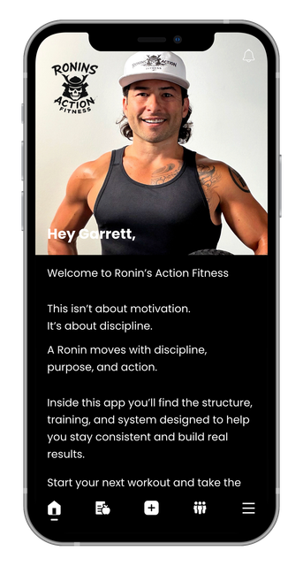 Phone screen showing a fitness profile with a smiling man in a black tank top and cap, plus text and icons underneath