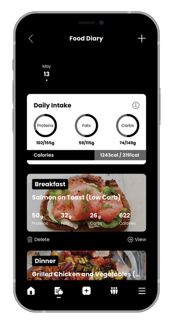 Smartphone screen showing a dark-themed food-tracking app with daily intake rings and meal cards