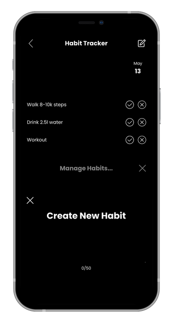 Dark mobile app screen showing a “Create New Habit” page with several habit options/icons and a close button