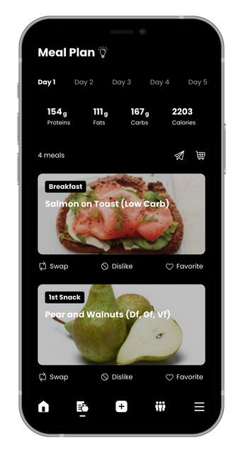 Smartphone screen showing a meal plan app with food cards for sliced tomatoes and apple slices.