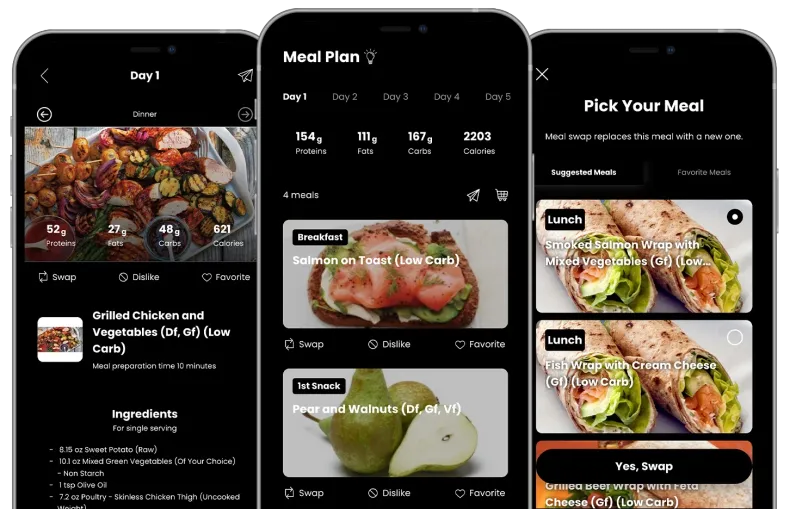 Three smartphone screens showing a meal-planning app with recipe cards and a meal plan list.