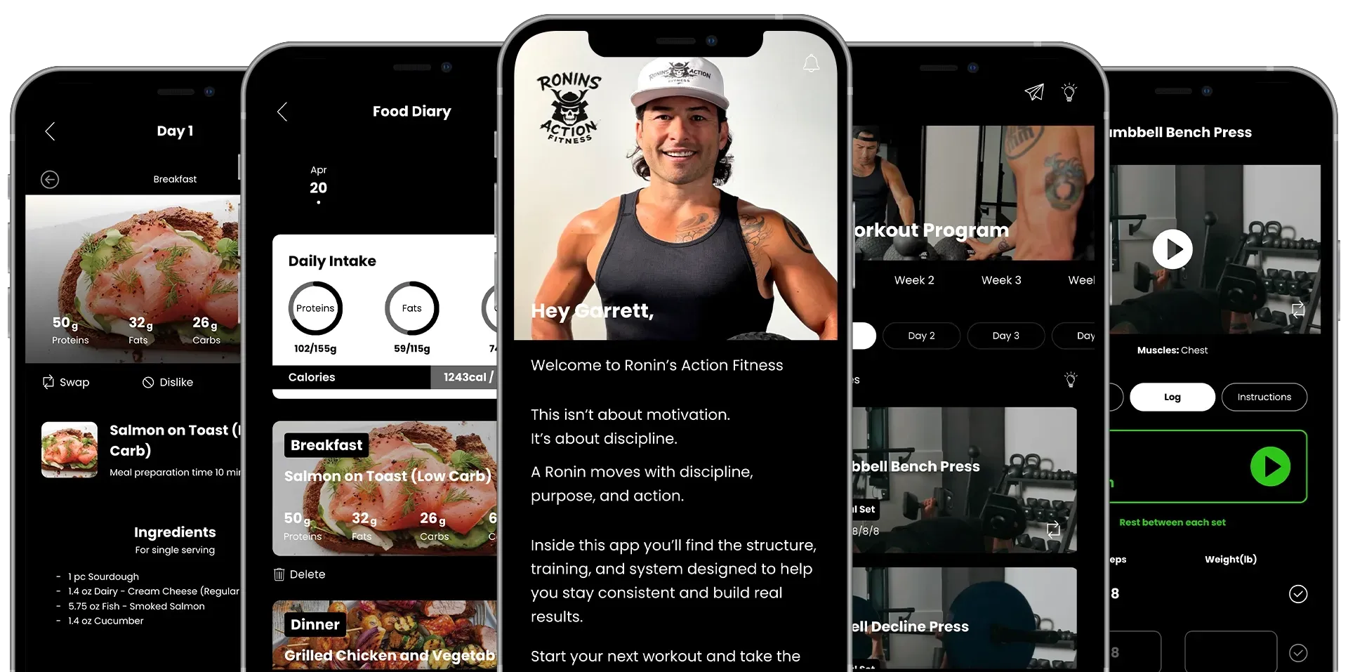 Collage of fitness app screens on smartphones, featuring workout videos, meal tracking, and a trainer profile