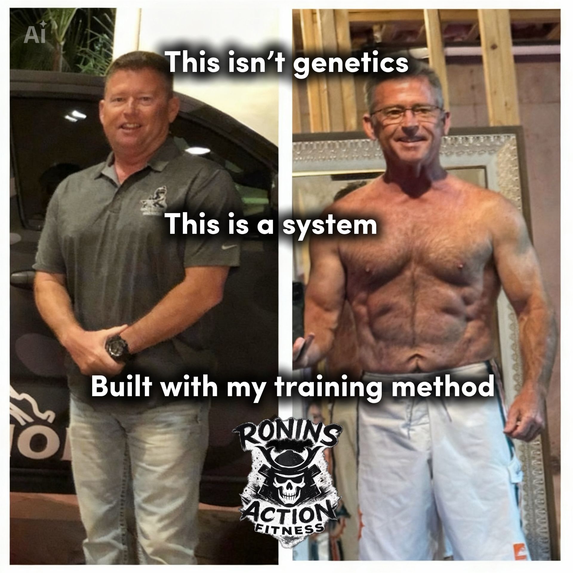 Side-by-side man before-and-after fitness transformation with bold text overlay about a training system