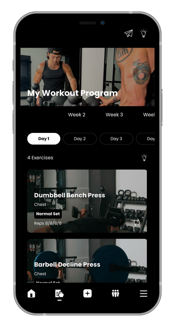 Smartphone showing a fitness app home screen with workout programs and a dark theme
