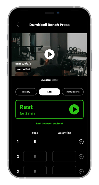Smartphone screen showing a black fitness app with green “Rest” timer and a workout video preview above