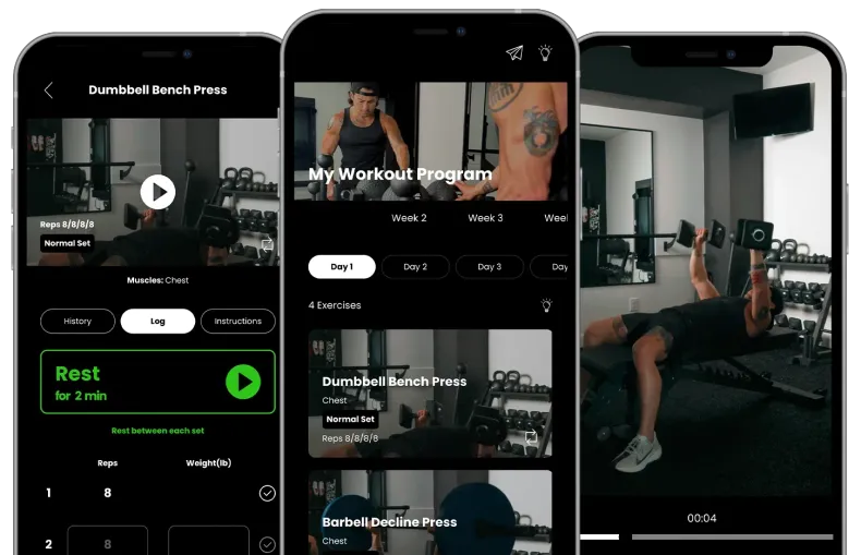 Three smartphone screens showing a dark fitness app with workout videos and exercise stats