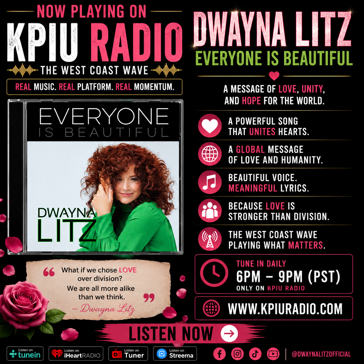 Promotional poster for KPFU Radio show “Dwayna Litz: Everyone Is Beautiful,” featuring a portrait and event details.