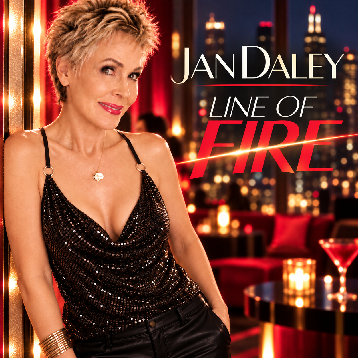 Jan Daley in a sparkly black dress beside the title “Line of Fire” on a city-night backdrop
