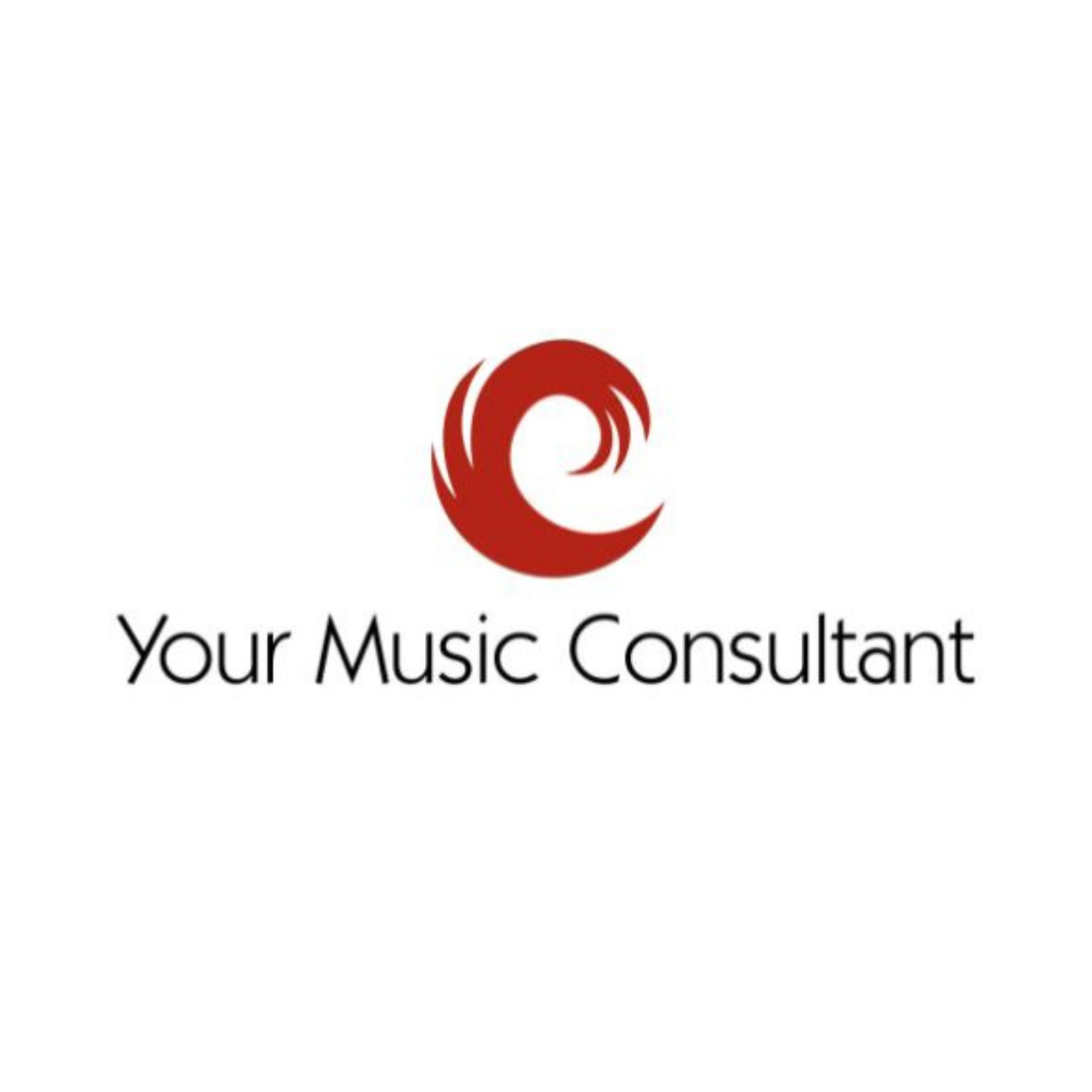 A logo for a music consultant with a red swirl in the middle.