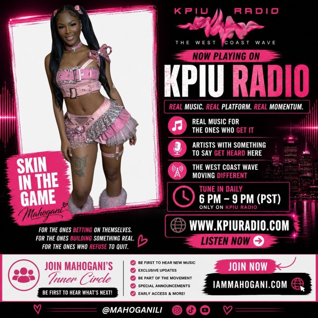 Promotional poster for KPIU Radio with a pink-clad model, show schedule, website, and “Skin in the Game” text