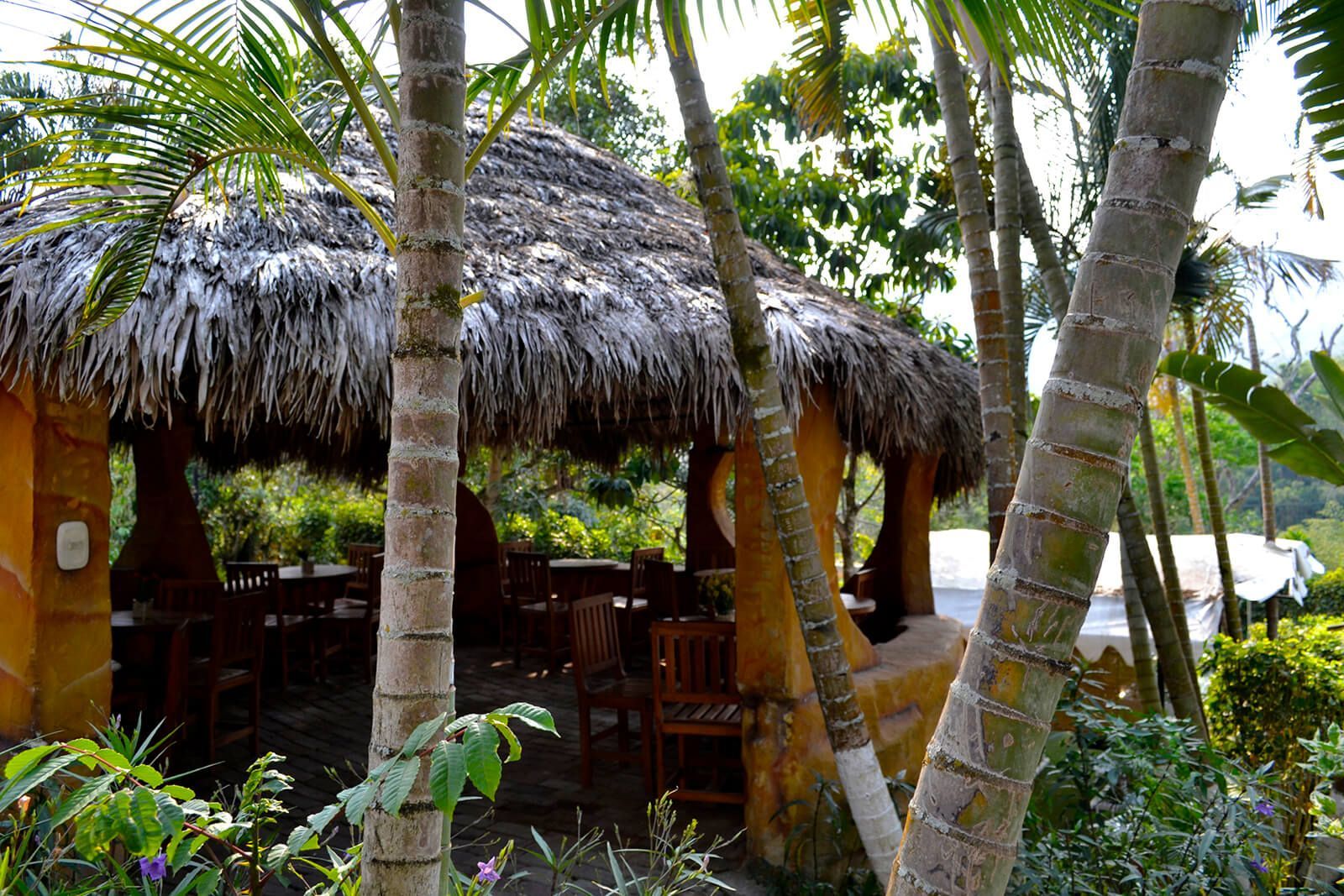 Thatched beach hut among palm trees, with wooden tables and chairs in a tropical garden