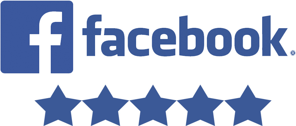 Facebook logo with five blue stars.