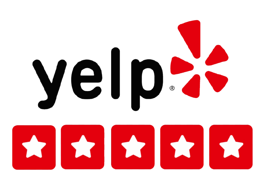Yelp logo with five red star ratings.