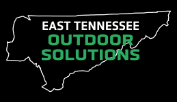 A logo for East Tennessee Outdoor Solutions with the text in white and green against an outline of East Tennessee.