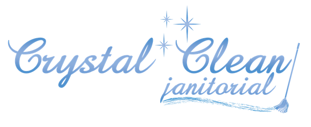The logo for crystal clean janitorial is blue and white.