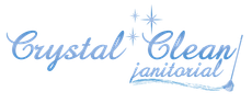 The logo for crystal clean janitorial is blue and white.