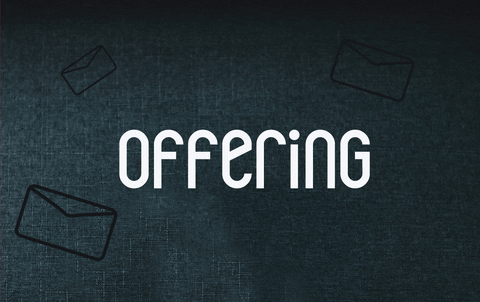 The word offering is on a blackboard with envelopes around it.
