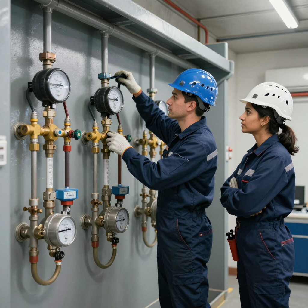 Dos trabajadores con casco de seguridad revisan manómetros y válvulas industriales en un sistema de tuberías.