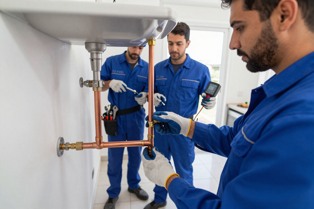 Técnicos con uniformes azules inspeccionan tuberías y válvulas industriales en una sala blanca y luminosa.