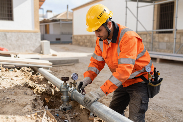 Obrero de la construcción con equipo de seguridad naranja apretando una tubería con una llave inglesa en una obra