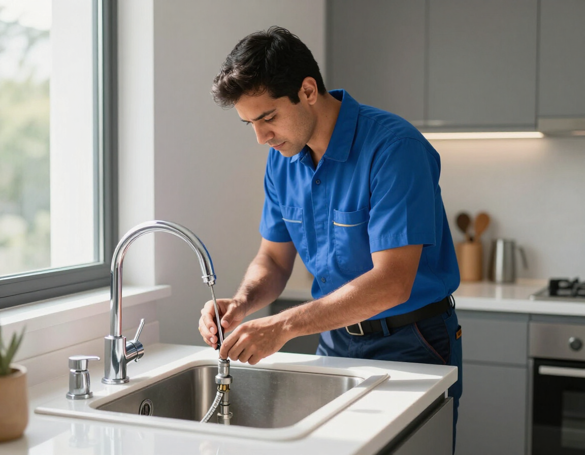 Hombre lavando los platos en el fregadero de una cocina moderna y luminosa