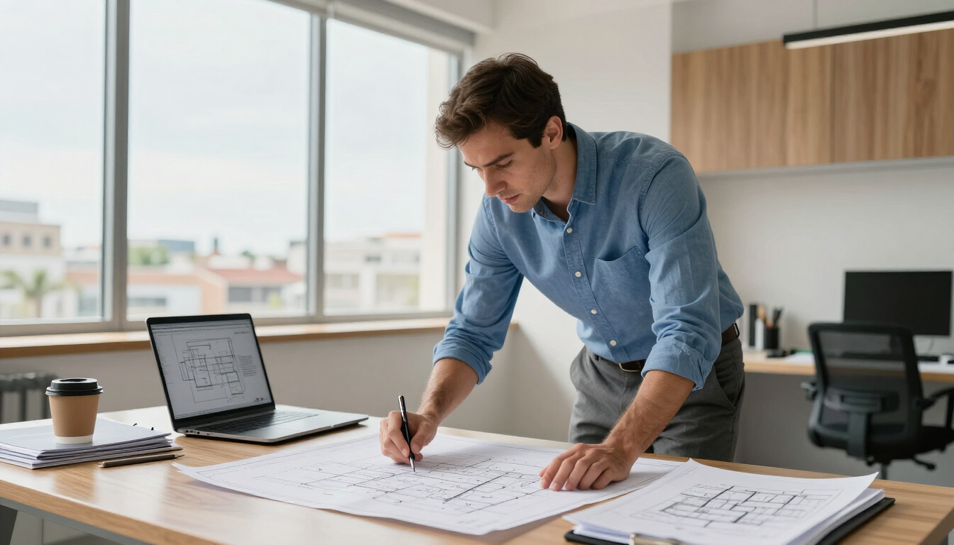 Hombre con camisa azul revisando planos arquitectónicos en un escritorio con una laptop en una oficina luminosa