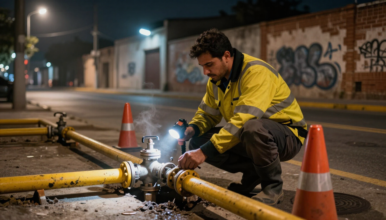 Un trabajador con chaqueta amarilla suelda una tubería de gas dañada por la noche en una calle de la ciudad.