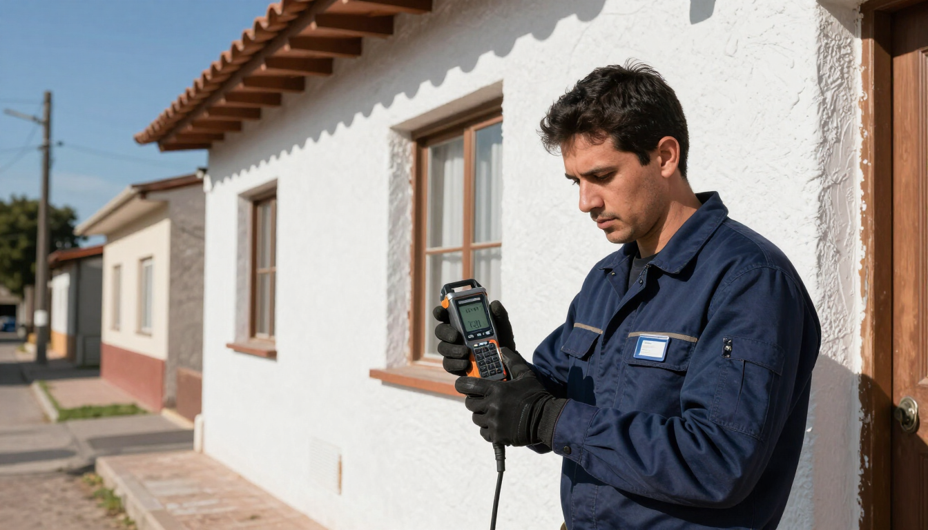 Un técnico con un medidor portátil en el exterior de una casa blanca, comprobando las medidas junto a una pared.