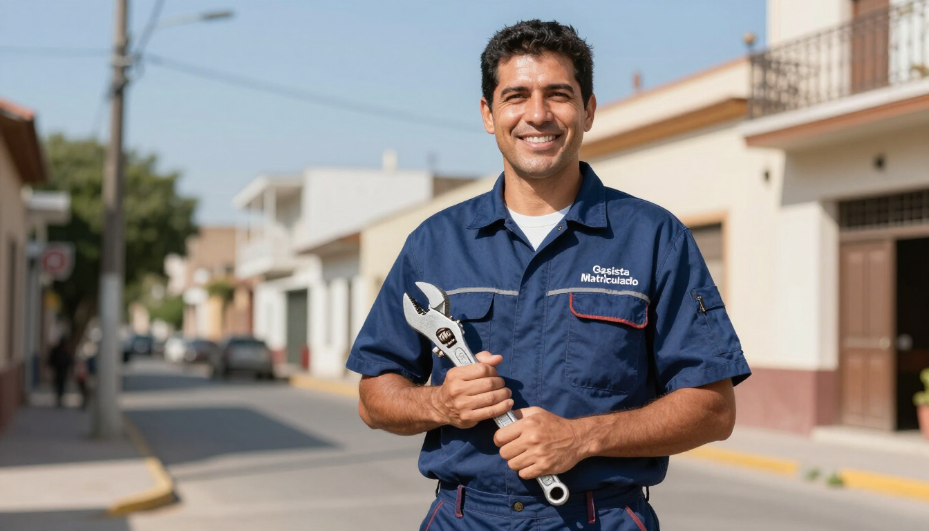 Mecánico sonriente con uniforme azul y herramientas en una calle residencial soleada