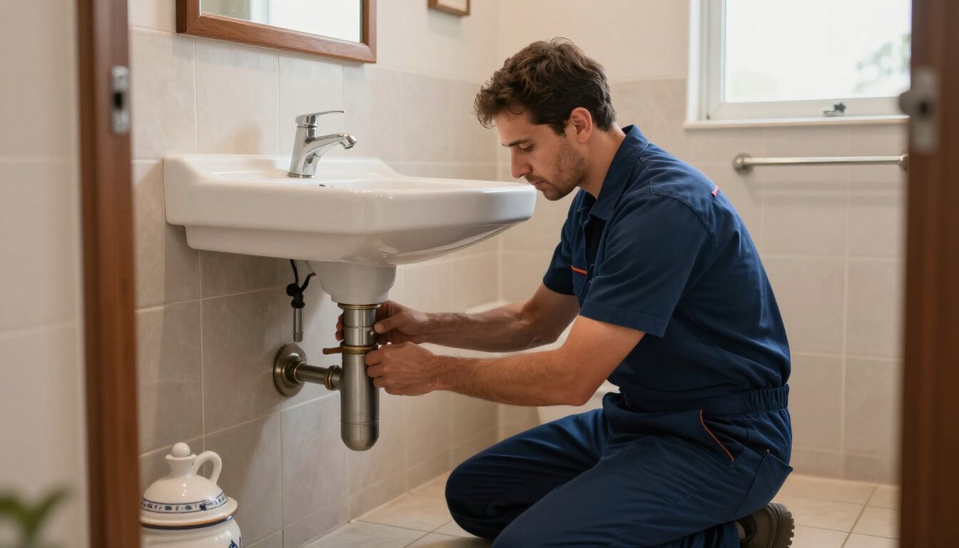 Un fontanero se arrodilla debajo de un lavabo y aprieta las tuberías del baño.