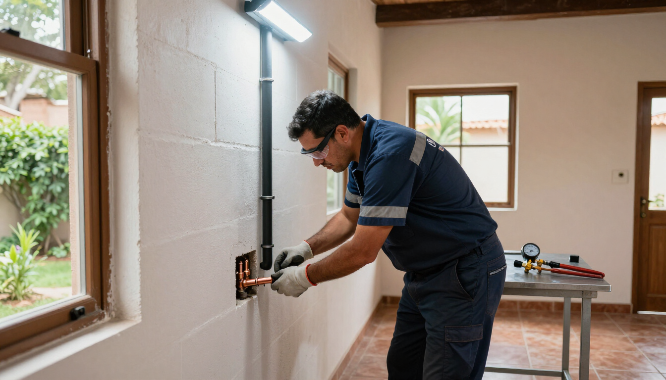 Un trabajador instalando un enchufe en una pared blanca de una habitación luminosa