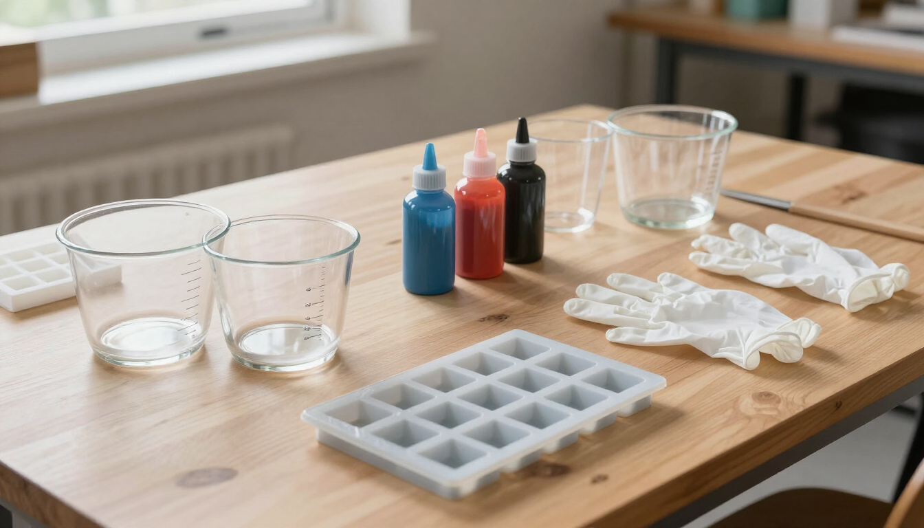 Botellas, tazas, moldes y artículos envueltos dispuestos sobre una mesa de madera junto a una ventana