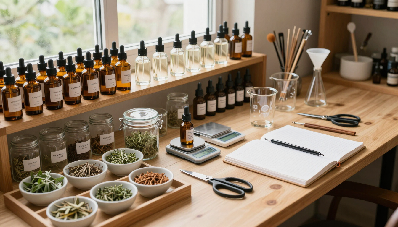 Un escritorio de madera con aceites botánicos, hierbas, cuadernos, frascos y herramientas en un espacio de trabajo luminoso.