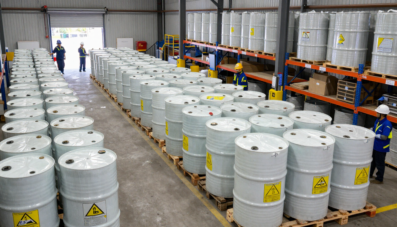 Pasillo de almacén con filas de grandes bidones blancos de productos químicos sobre palés y estanterías a los lados.